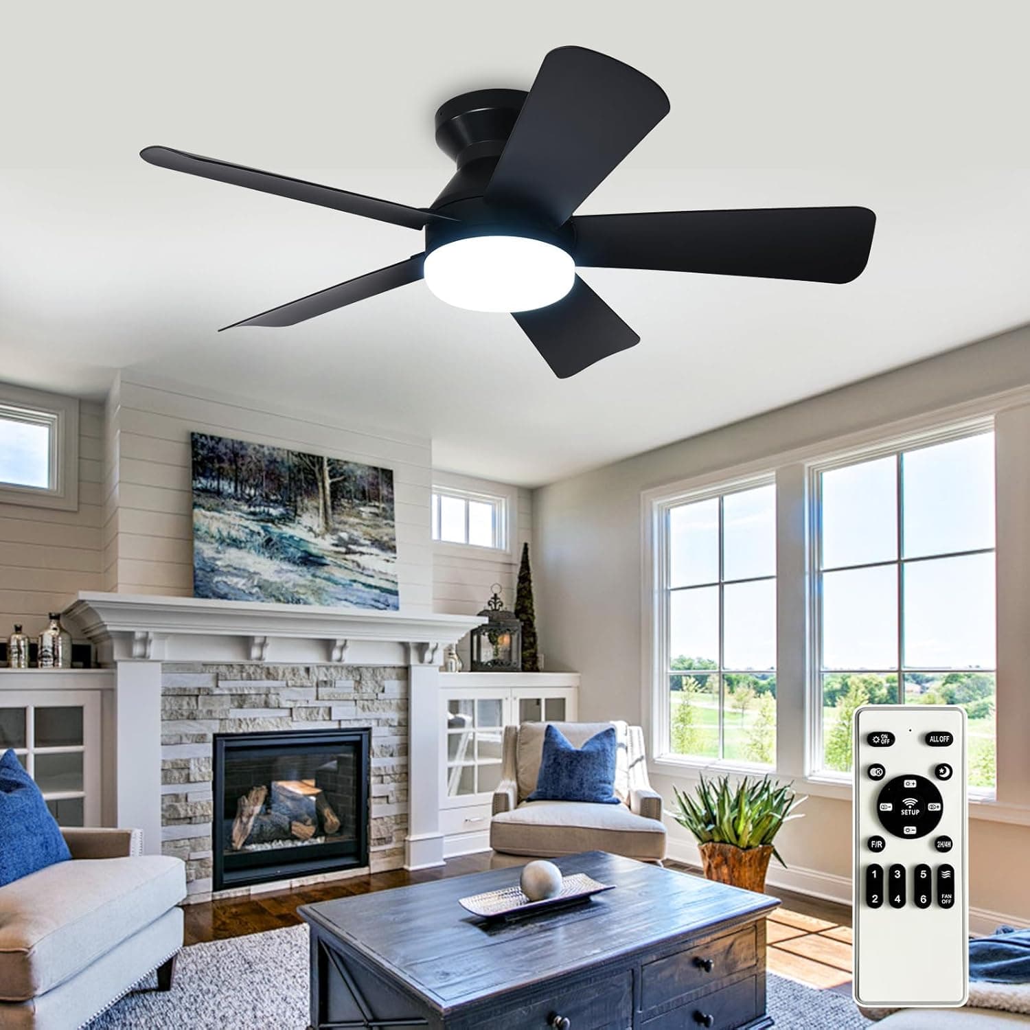 Ventilador de techo Depuley Depuley Ventilador de techo moderno con luz: Ventiladores pequeños negros de 35 pulgadas para dormitorio - Ventiladores de techo empotrables regulables con mando a distancia 5 aspas negras invertidas