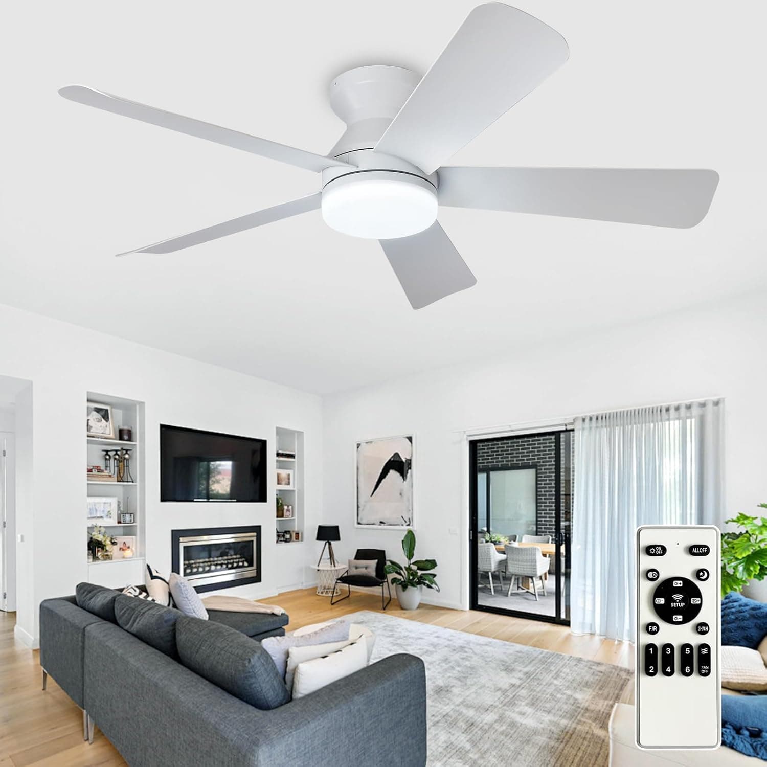 Ventilador de techo M Ledme Depuley Ventilador de techo moderno con luz: Ventiladores pequeños blancos de 42 pulgadas para dormitorio - Ventiladores de techo empotrable regulables con mando a distancia 5 aspas blancas invertidas