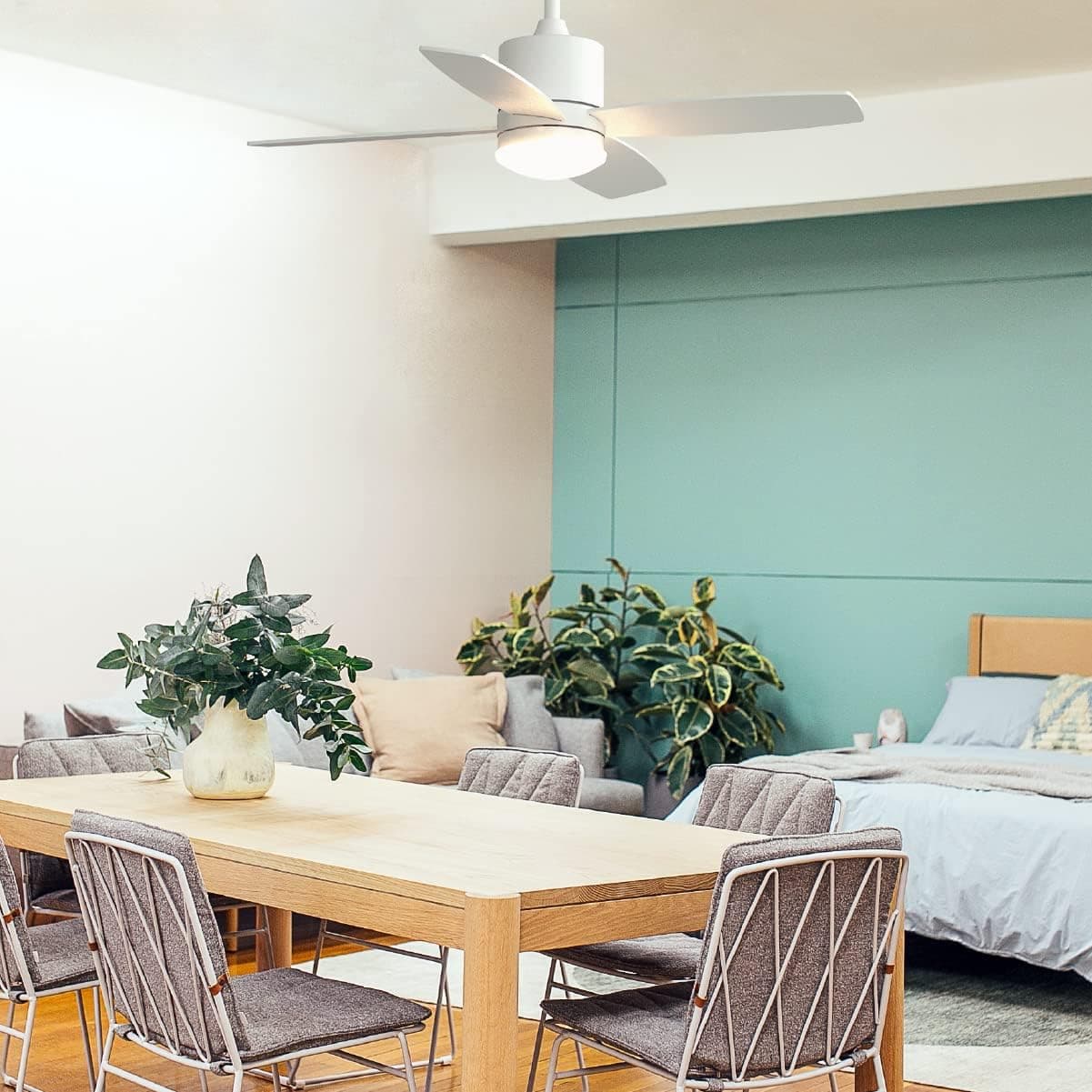 Ventilador de techo Universal Blue UNIVERSALBLUE | Ventilador de techo con luz LED | Color blanco | Ventilador silencioso con Motor DC | Mando a Distancia | 4 Aspas | Diámetro 132 cm | Temporizador | 6 Velocidades |