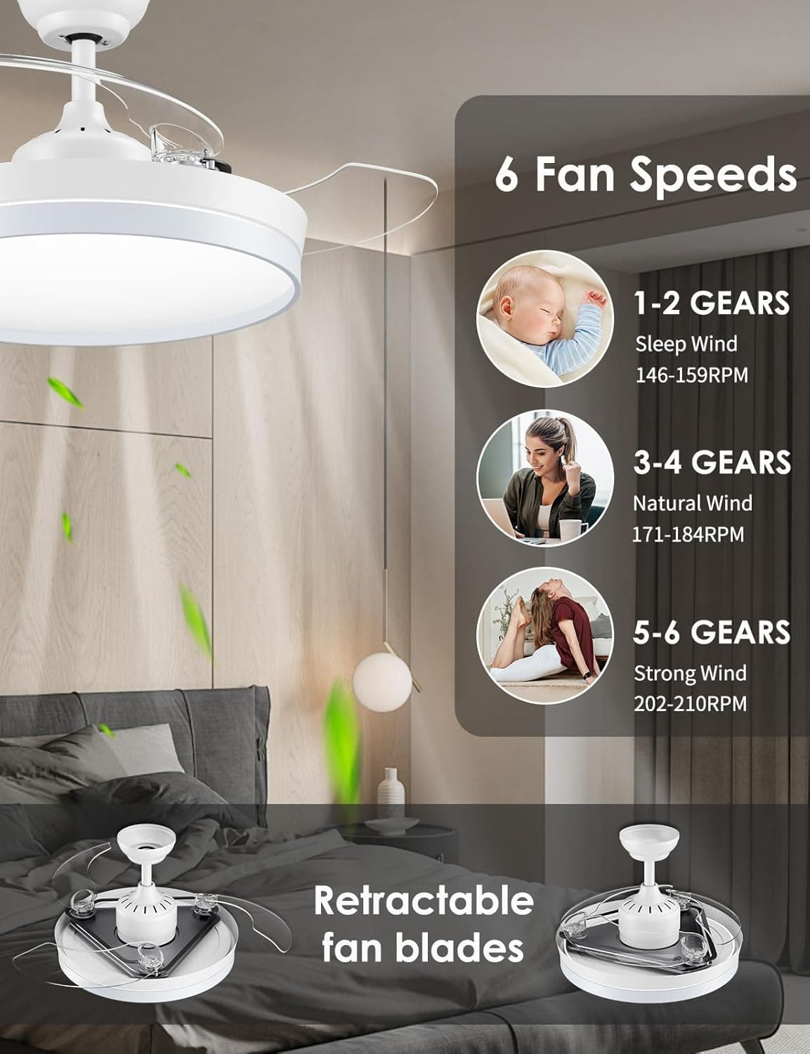 Ventilador de techo CJOY CJOY Ventilador Techo Aspas Retráctiles,107cm Ventilador de Techo con Luz y Mando Regulable, Ventiladores Techo Silencioso DC Reversible, 6 Velocidad, Memoria 3 CCT, Temporizador, Reposo Dormitorio