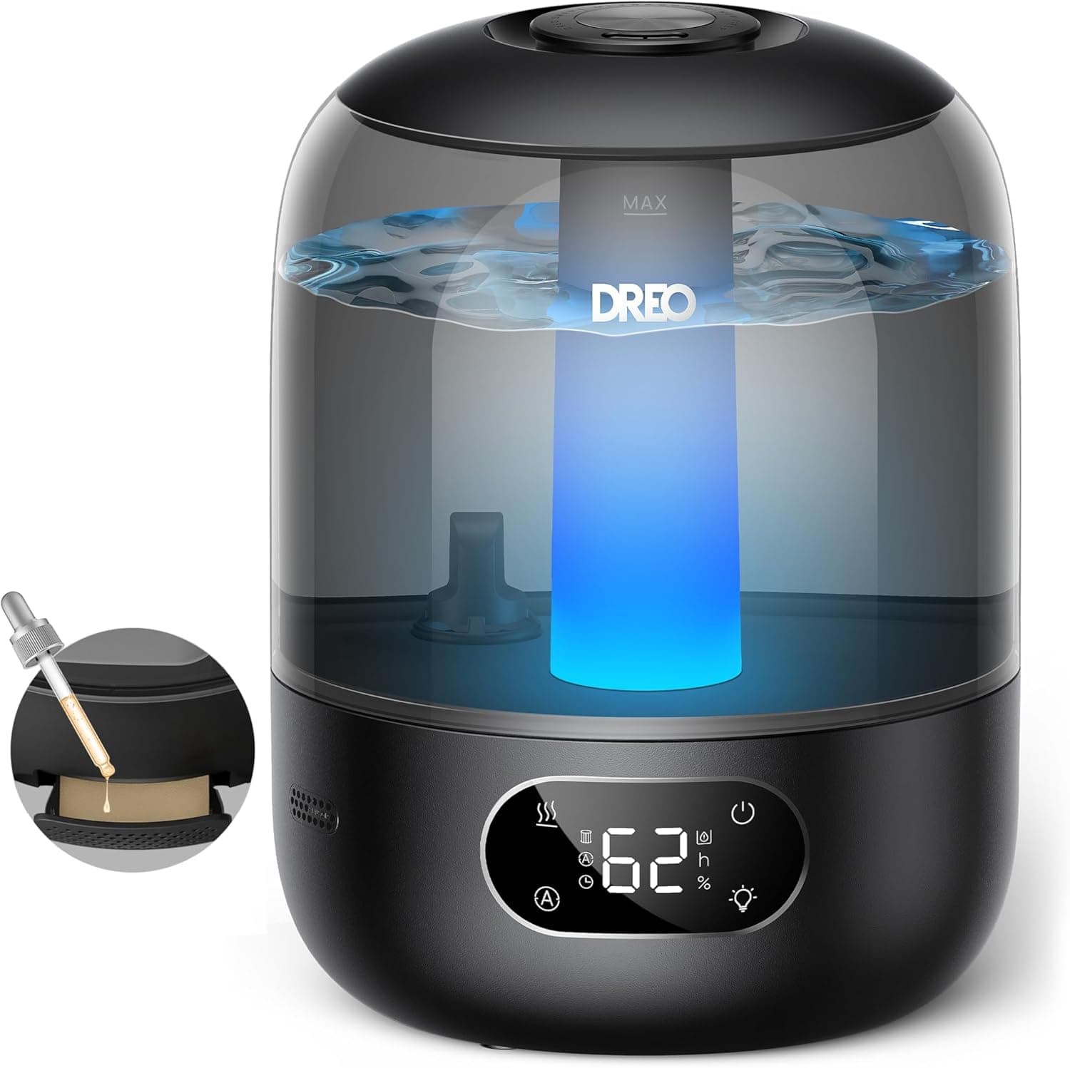 Ventilador de techo DREO DREO Humidificador Bebés 3L 26dB Silencioso con Sensor de Humedad, Niebla Fría Ultrasónica, 30h Autonomía, Boquilla 360°, Luz Ambiental, Difusor de Aceites Esenciales, Negro