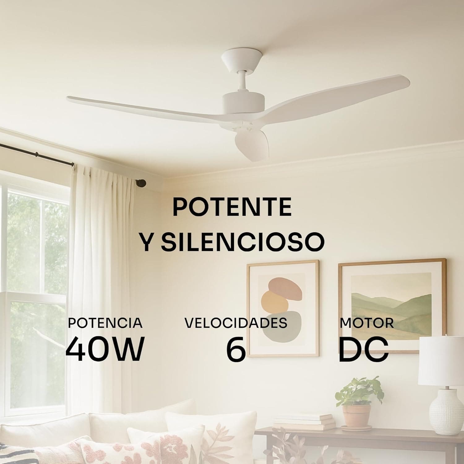 Mellerware - Ventilador de Techo con Mando a Distancia Brizy! | 30 W | 6 Velocidades | Ultra silencioso | Función Verano-Invierno | Temporizador | 3 Aspas | 132 de Diámetro | Motor DC | White