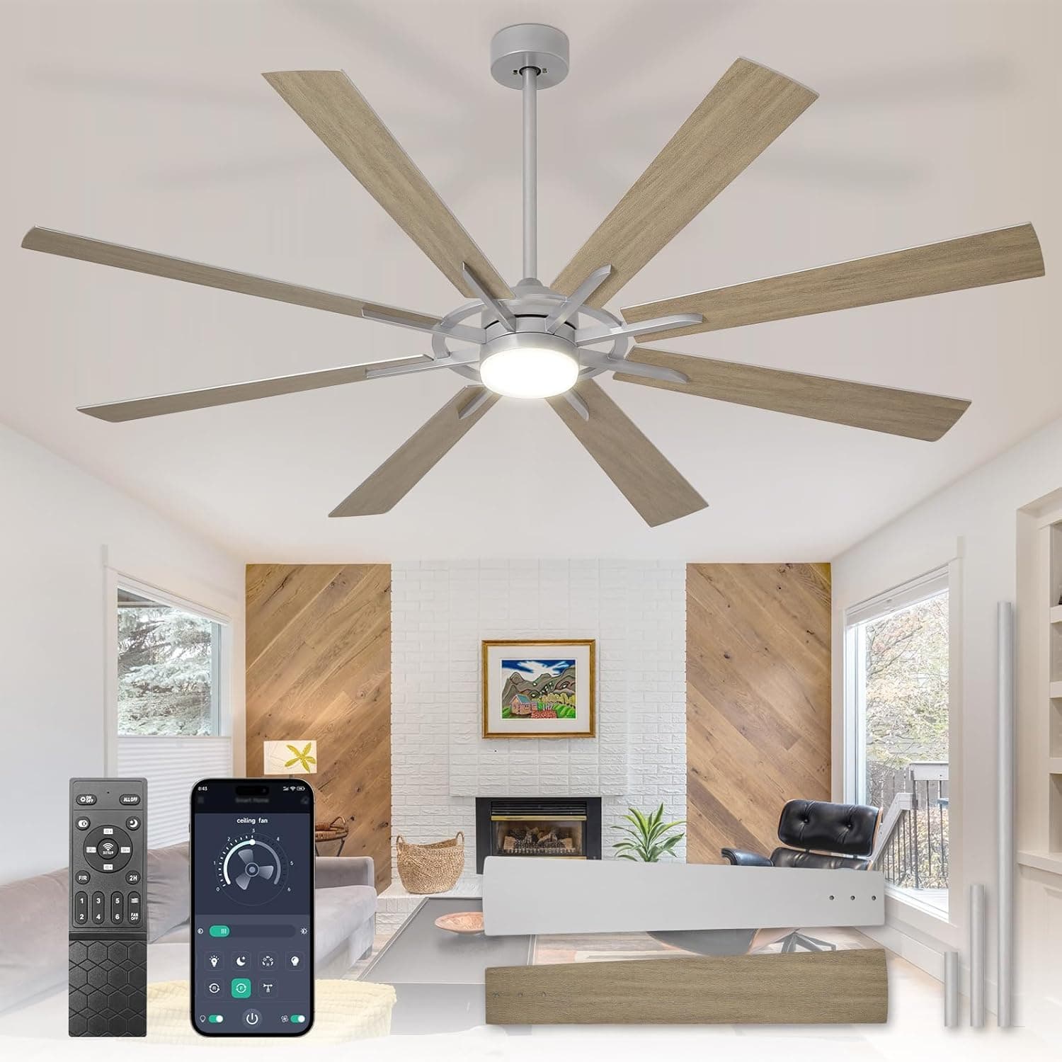 Ventilador de techo Depuley Depuley Ventiladores de techo grandes con luz: Ventilador de techo moderno de 72 pulgadas y 8 aspas para exteriores con control mediante aplicación - Ventilador grande de madera con luz regulable