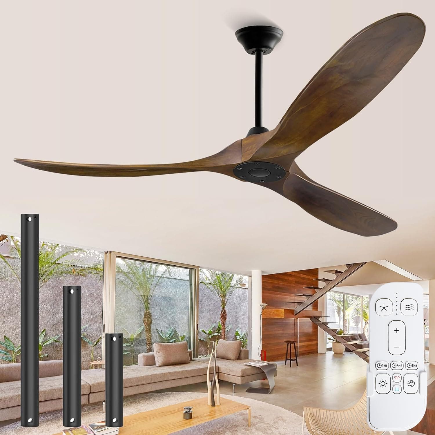 Ventilador de techo Genérico Ventilador De Techo Sin Luces Con Control Remoto, Ventiladores Madera Techo Para Porche Exterior De 132cm, 3 Aspas Con ClasificacióN De Humedad, Gran Flujo De Aire Para Silencioso 6 Velocidades