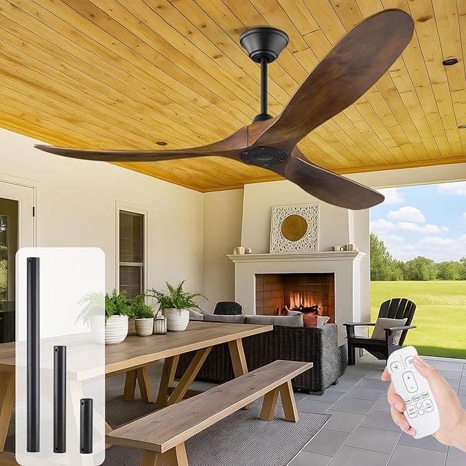 Ventilador De Techo Madera Sin Luz, 152 Cm Ventilador De Techo Con Mando A Distancia, Interior y Exterior Ventlador De Teho De HéLice De 3 Palas, 6 Velocidades Ultra Silencioso Reversible