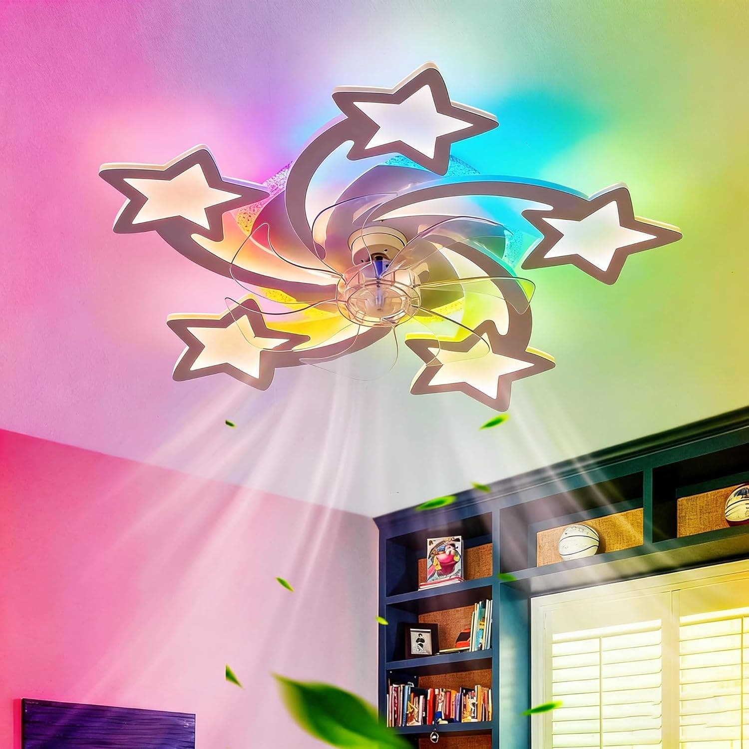 Ventilador de techo Genérico RGB Ventilador De Techo Con Luz Con Mando A Distancia APP, Niño Dormitorio Ceiling Fan with Light Reversible Seis Velocidades Regulable Lampara Ventilador Memoria Silencioso Timing Blanco