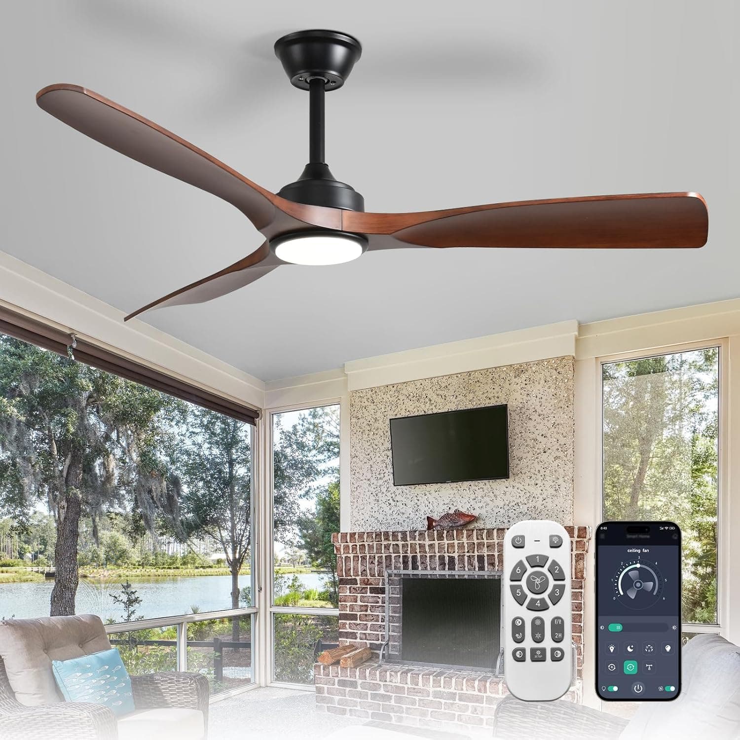 Ventilador de techo Depuley Depuley Ventilador de techo con luz moderno: Ventilador de exterior de 52 pulgadas con control remoto por aplicación para patio - Ventilador de 3 aspas en color nogal para interiores