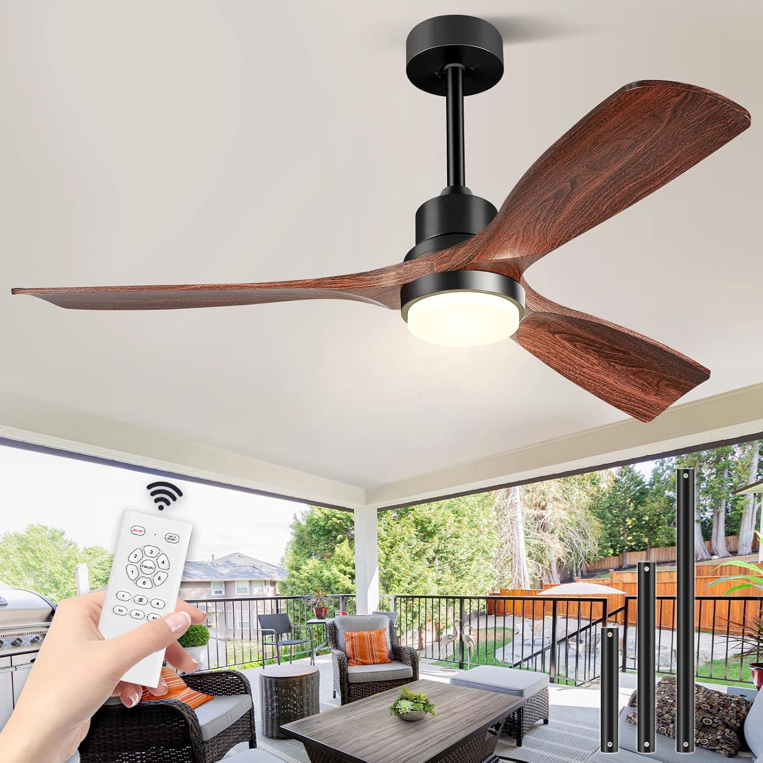 Ventilador de techo Genérico Ventilador de Techo con Luz y Mando a Distancia, Madera Ventiladores de Techo de 132 cm con Lámpara Luz Led con Motor DC, 3 Aspas, 6 Velocidades, Silencioso, Temporizador, para Exterior Dormitorio Sal